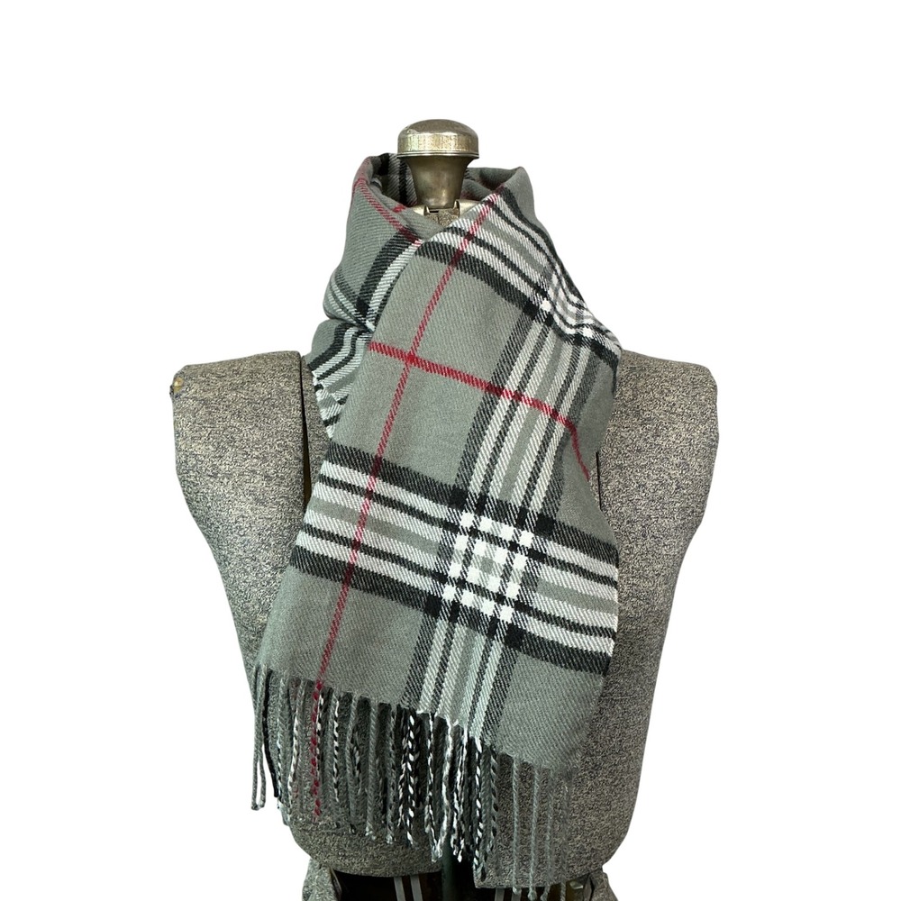 Italy Design Grey Plaid Cashmere Blend Fringe Scarf 12x69 Classic Check